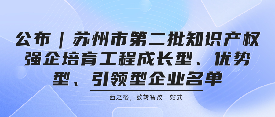 公布｜蘇州市第二批知識(shí)產(chǎn)權(quán)強(qiáng)企培育工程成長(zhǎng)型、優(yōu)勢(shì)型、引領(lǐng)型企業(yè)名單