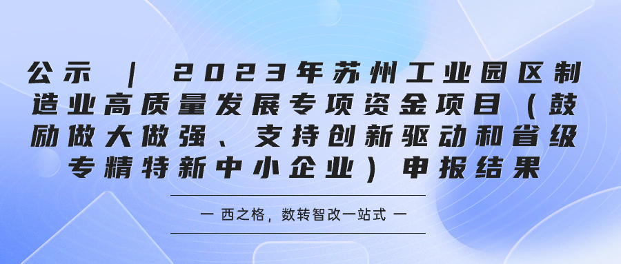 公示 | 2023年蘇州工業(yè)園區(qū)制造業(yè)高質量發(fā)展專項資金項目（鼓勵做大做強、支持創(chuàng)新驅動和省級專精特新中小企業(yè)）申報結果