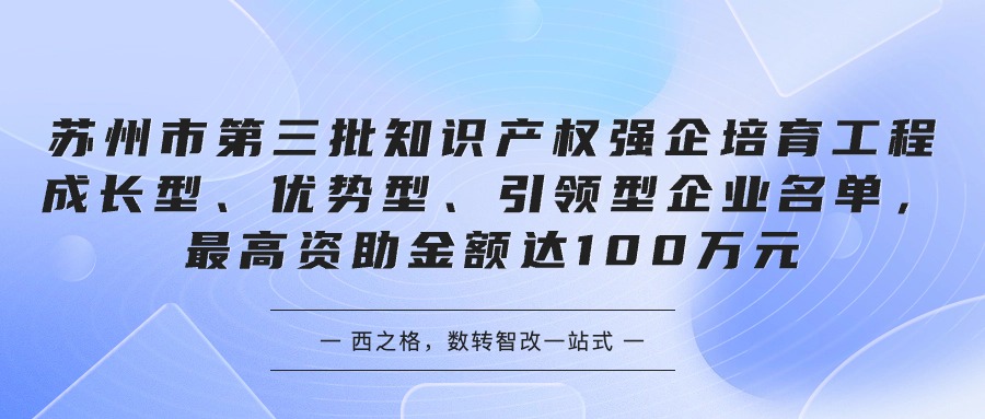 蘇州市第三批知識產(chǎn)權強企培育工程成長型、優(yōu)勢型、引領型企業(yè)名單，最高資助金額達100萬元